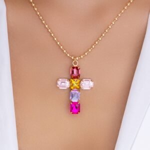 Crystal Holly Cross Necklace (Pink)