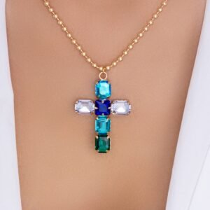 Crystal Holly Cross Necklace (Blue)