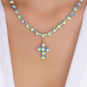 Iridescent Crystal Cross Necklace (Blue)