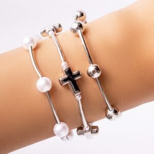 Cross & Pearl Bracelet Set (Silver)